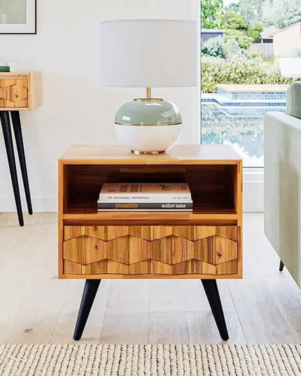 Bme Georgina Solid Wood Coffee Tables & Nightstands with Geometric Details, 2 Drawers - LeafyLoom
