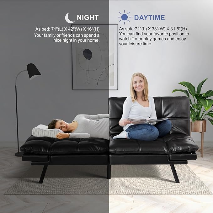 MUUEGM Futon Sofa Bed,Convertible Adjustable Backrest Armrests Memory Foam Couch Bed, Modern Faux Leather Futon Sleeper Couch Loveseat for Living Room,office,Apartment,Small Space,Black - LeafyLoom