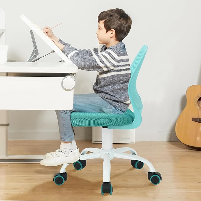 FurnitureR Desk Chair Small Study Chairs Armless for Child Kids Teens, Swivel Rolling Lightweight Task Chair with Wheels and Mesh Padded Cushion, Turquoise - LeafyLoom