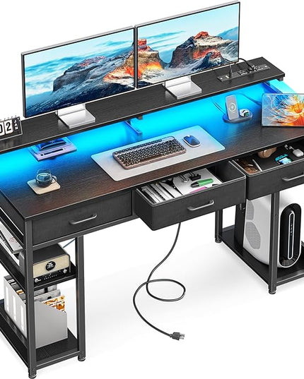 AODK 55 inch Computer Desk with 3 Drawers, Gaming Desk with LED Lights & Power Outlets, Home Office Desk with Storage Shelves & Monitor Stand, Modern Work Study Writing Table for Small Spaces, Black - LeafyLoom