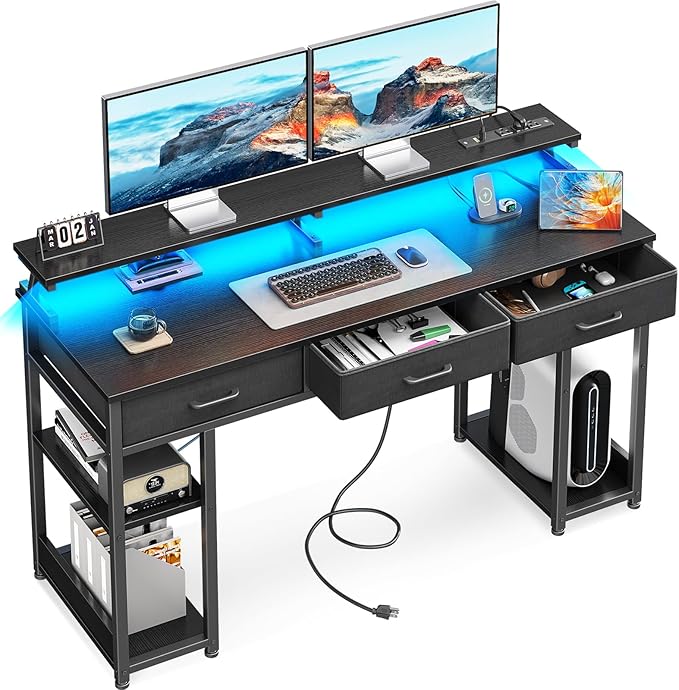 AODK 55 inch Computer Desk with 3 Drawers, Gaming Desk with LED Lights & Power Outlets, Home Office Desk with Storage Shelves & Monitor Stand, Modern Work Study Writing Table for Small Spaces, Black - LeafyLoom