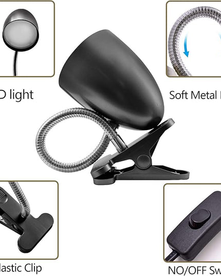 Clip on Light for Bed, Non-Dimmable Clip on Reading Light for Bed, 4000K Cool White, 3.5W 240 LM desk lamp with clamp, Eye Protection, ETL Listed, Black - LeafyLoom