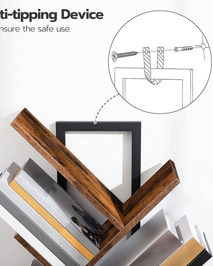 HOOBRO Tree Bookshelf, 9-Tier Bookcase Wooden Shelves, Floor Standing Storage Rack, for Display of CDs, Books in Living Room, Home Office, Wood Storage Rack for Bedroom, Rustic Brown BF08SJ01G1 - LeafyLoom