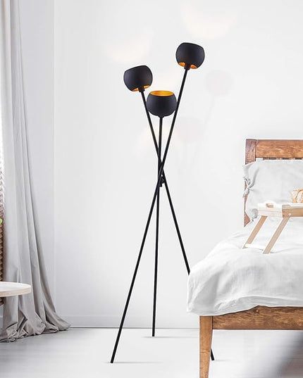 Tripod Floor Lamp - Black Modern Floor Lamp with 3 Matte Black Globe Head & Interwining Tripod Legs Perfect for Mid-Century Living Room and Bedroom - LeafyLoom
