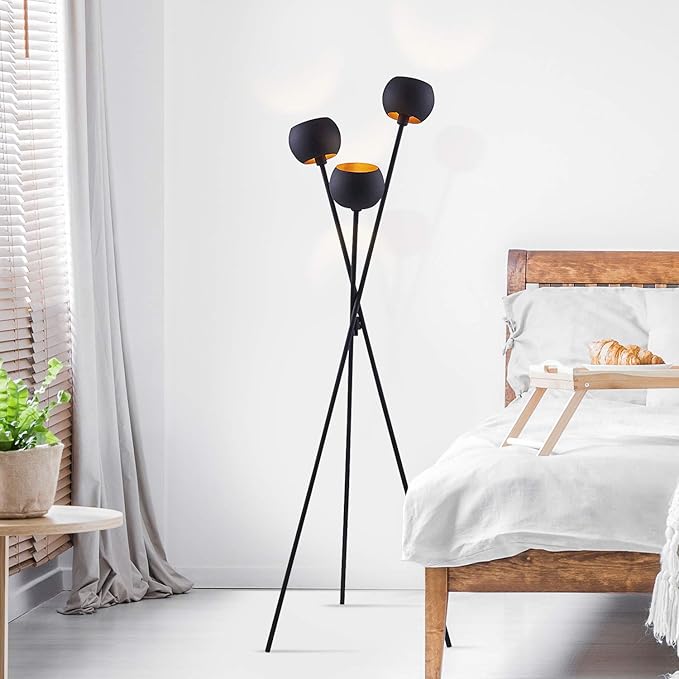 Tripod Floor Lamp - Black Modern Floor Lamp with 3 Matte Black Globe Head & Interwining Tripod Legs Perfect for Mid-Century Living Room and Bedroom - LeafyLoom