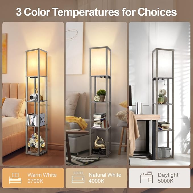 OUTON Floor Lamp with Shelves, LED Shelf Floor Lamp with 1 USB & 1 Type C Ports, 1 AC Outlet, 3 Color Temperature, Storage Display Wood Column Tall Standing Lamp for Living Room, Bedroom Office, Grey - LeafyLoom