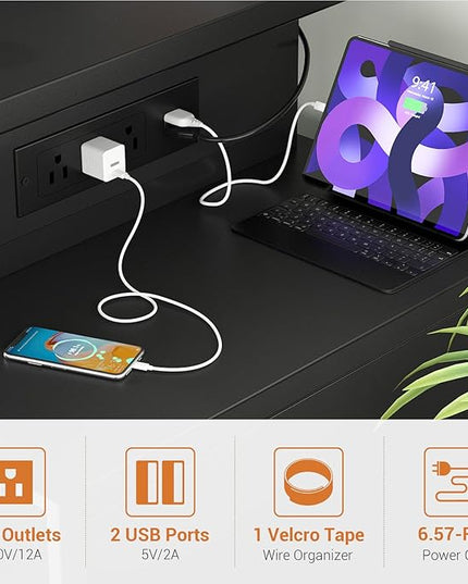 Computer Desk with 2 Fabric Drawers - Reversible Home Office Desk with Power Outlet & LED Lights, 53" Writing Desk with Monitor Stand & Storage Shelves, Gaming Desk Study Table with Pegboard, Black - LeafyLoom