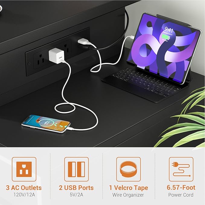 Computer Desk with 2 Fabric Drawers - Reversible Home Office Desk with Power Outlet & LED Lights, 53" Writing Desk with Monitor Stand & Storage Shelves, Gaming Desk Study Table with Pegboard, Black - LeafyLoom