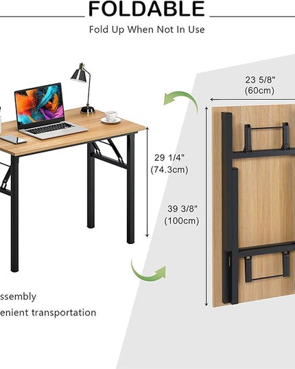 Need Folding Desk for Home Office 39-3/8'' Length Modern Folding Table Computer Desk No Install Needed Teak Color Desktop Black Frame, AC5BB(10060) - LeafyLoom