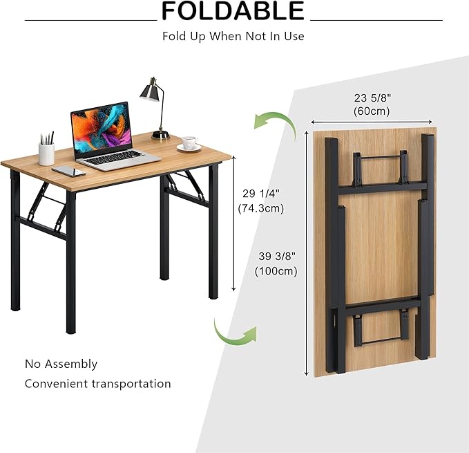 Need Folding Desk for Home Office 39-3/8'' Length Modern Folding Table Computer Desk No Install Needed Teak Color Desktop Black Frame, AC5BB(10060) - LeafyLoom
