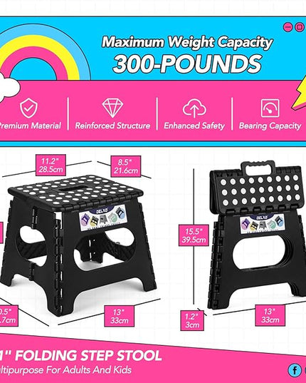 Delxo Folding Step Stool,11 Inch Non-Slip Foldable Step Stools for Kids and Adults,Portable Foldable Step Stool Lightweight Small Folding Stool with Handle for Kitchen Bathroom in Black,1 Pack - LeafyLoom