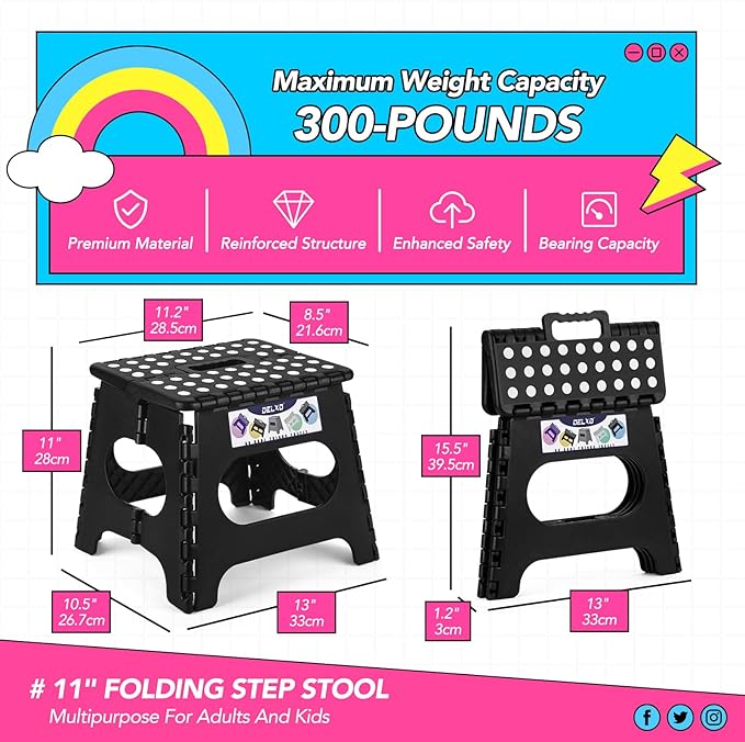 Delxo Folding Step Stool,11 Inch Non-Slip Foldable Step Stools for Kids and Adults,Portable Foldable Step Stool Lightweight Small Folding Stool with Handle for Kitchen Bathroom in Black,1 Pack - LeafyLoom