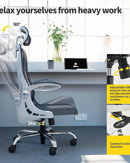 Ergonomic Office Chair with Foldable Backrest, Computer Desk Chair with Flip-up Armrests, Mesh Lumbar Support and 2D Headrest Big and Tall Office Chair, White - LeafyLoom