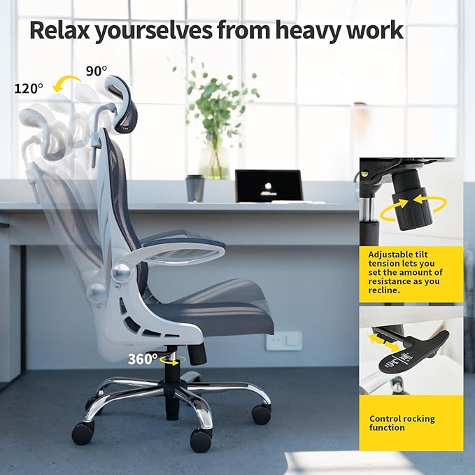 Ergonomic Office Chair with Foldable Backrest, Computer Desk Chair with Flip-up Armrests, Mesh Lumbar Support and 2D Headrest Big and Tall Office Chair, White - LeafyLoom