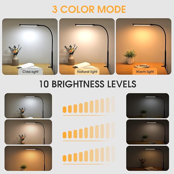 LED Desk lamp with Clamp, Eye-caring Clip on Lights for Home Office, 3 Modes 10 Brightness, Long Flexible Gooseneck,Metal, Swing Arm Architect Task Table Lamps with USB Adapter, Black - LeafyLoom