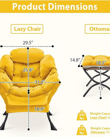 Lazy Chair with Folding Ottoman, Accent Chair Velvet Upholstered with Metal Structure and Non-Slip Pads, Sofa Armchair with Footrest and Side Storage Bag for Dorm, Room, Office, Yellow - LeafyLoom