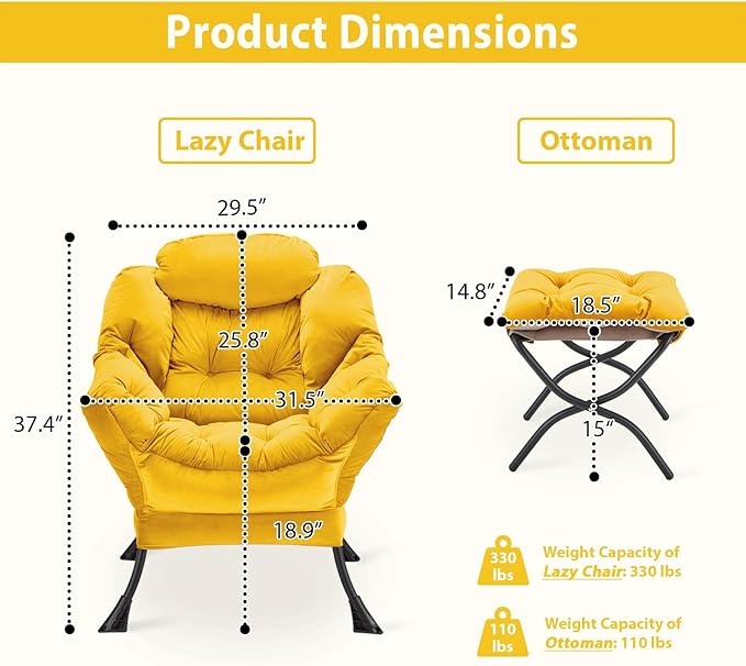 Lazy Chair with Folding Ottoman, Accent Chair Velvet Upholstered with Metal Structure and Non-Slip Pads, Sofa Armchair with Footrest and Side Storage Bag for Dorm, Room, Office, Yellow - LeafyLoom