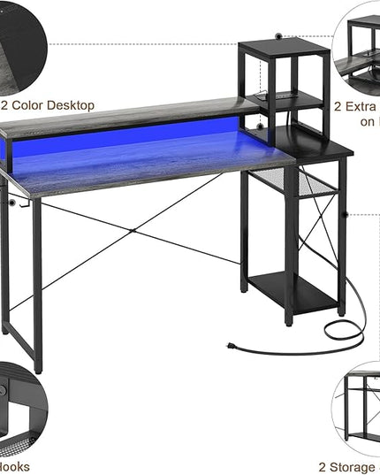 armocity 2024 Upgrade Gaming Desk with LED Lights, Small Computer Desk with Long Monitor Stand, 47.2'' Reversible Laptop Table with Storage Shelves, Small Desk for Small Spaces, Gaming Room, Grey - LeafyLoom
