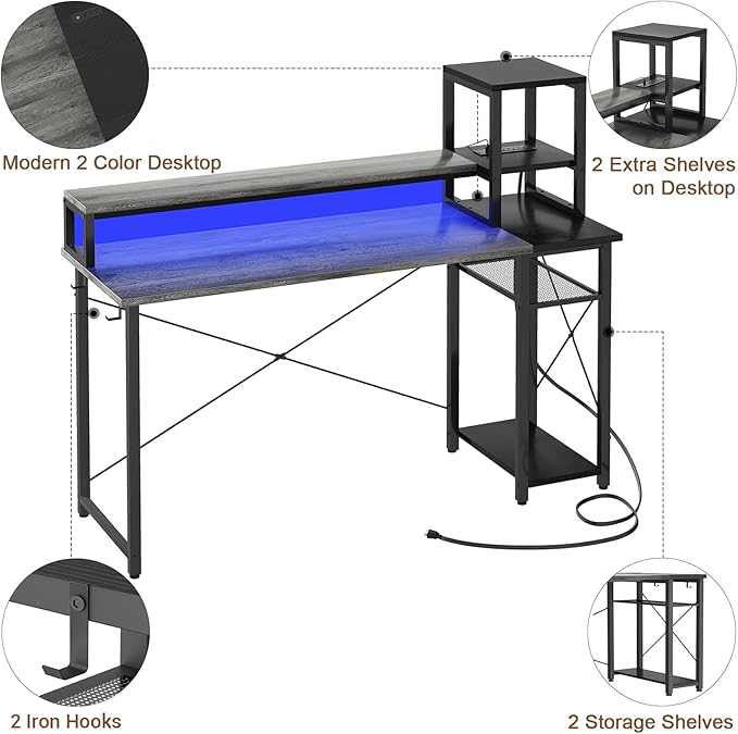 armocity 2024 Upgrade Gaming Desk with LED Lights, Small Computer Desk with Long Monitor Stand, 47.2'' Reversible Laptop Table with Storage Shelves, Small Desk for Small Spaces, Gaming Room, Grey - LeafyLoom