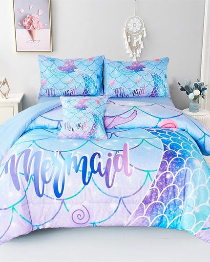 URBONUR 6 Piece Mermaid Tail Comforter Set Full Size, Mermaid Fish Scale Bedding Set for Girls Ombre Purple Blue Sparkle Comforter with Sheets Set Soft All Season Room Decor Bed Set - LeafyLoom