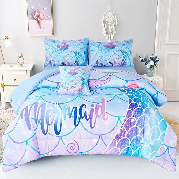 URBONUR 6 Piece Mermaid Tail Comforter Set Full Size, Mermaid Fish Scale Bedding Set for Girls Ombre Purple Blue Sparkle Comforter with Sheets Set Soft All Season Room Decor Bed Set - LeafyLoom