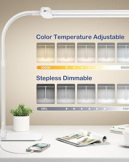 Desk Lamp with USB Charging Port for Home Office 24w Architect Remote Base Dual Task Led Light Modern 5 Color Modes Dimmable Adjustable Gooseneck Double Head Reading Drafting Eye Caring Tall Lamps - LeafyLoom