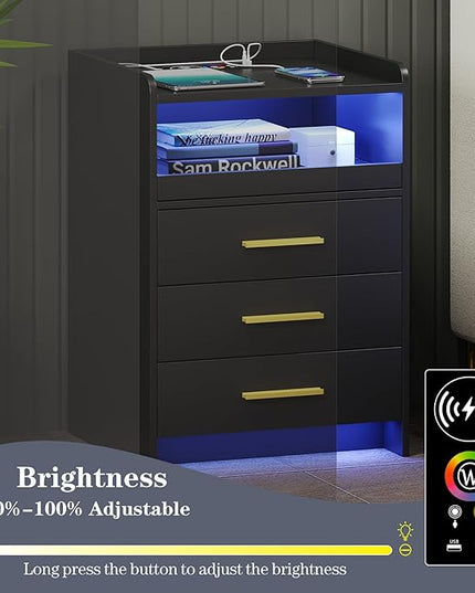 RGB Nightstand-Bedside-End-Table with USB &Wireless Charging Station: Smart Nightstand for Sofa Table with Human-Body Inductions, Modern Bedroom Furniture with Drawers for Living Room, Black - LeafyLoom