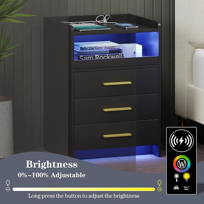 RGB Nightstand-Bedside-End-Table with USB &Wireless Charging Station: Smart Nightstand for Sofa Table with Human-Body Inductions, Modern Bedroom Furniture with Drawers for Living Room, Black - LeafyLoom