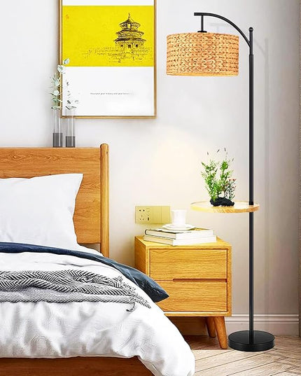 Rattan Floor Lamp for Living Room Bedroom with Table Shelves,Boho Arc Floor Lamps with Remote Dimmable Farmhouse Wood Shelf Attached Standing Lamp Wicker Bamboo Tall Lamp Floor Light Bohemian - LeafyLoom