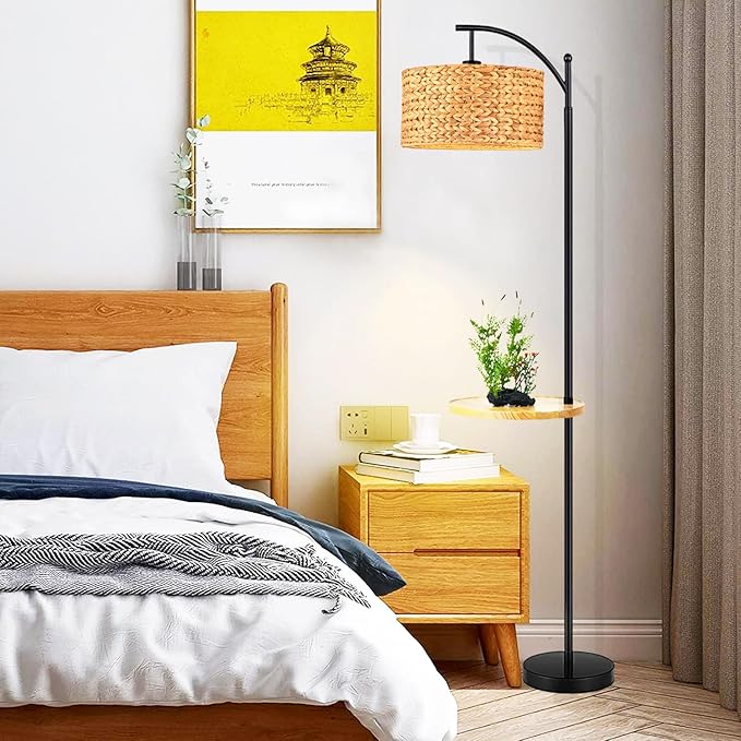 Rattan Floor Lamp for Living Room Bedroom with Table Shelves,Boho Arc Floor Lamps with Remote Dimmable Farmhouse Wood Shelf Attached Standing Lamp Wicker Bamboo Tall Lamp Floor Light Bohemian - LeafyLoom