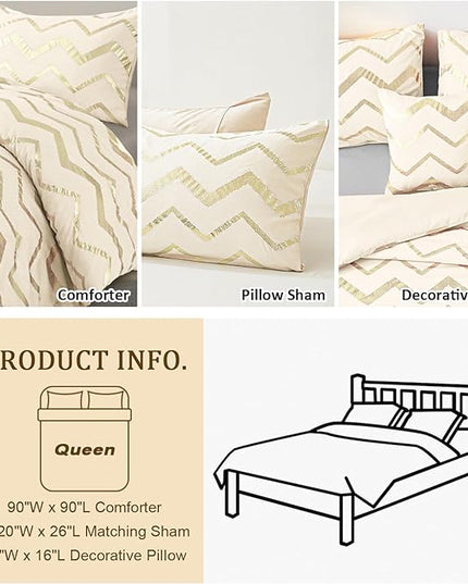 Cream Comforter Set Queen Size Metallic Gold Bedding Set All Season Lightweight Microfiber Comforter for Girls, 4 Piece (2 Pillow Shams + 1 Decorative Pillow Sham) - LeafyLoom