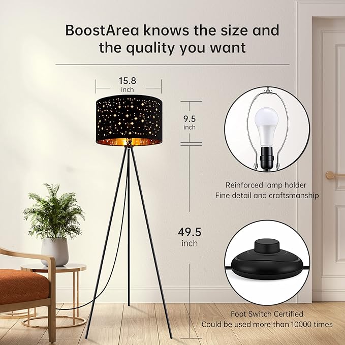 BoostArea Floor Lamp, Tripod Floor Lamp, 8W LED Bulb, Decorative Lamp Shade, Mid Century Standing Lamp for Living Room, Bedroom, Study Room and Office - LeafyLoom