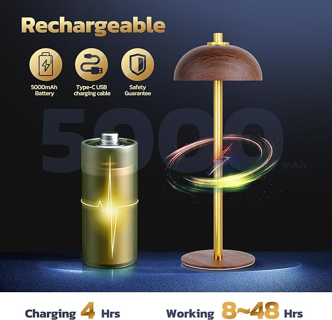 Rechargeable Cordless Table Lamp - 5000mAh Battery Powered Lamp, 3 Color Stepless Dimming LED Table Light with Memory Function for Indoor, Outdoor, Dinner, Patio, Cafe.(Wood Grain B) - LeafyLoom