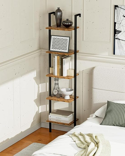 NUMENN Industrial Ladder Shelf, 5 Tier Book Shelf, Open Space Wall Mount Bookshelf with Metal Frame, Sturdy Book Shelves, Bookcase for Living Room, Vintage Brown - LeafyLoom