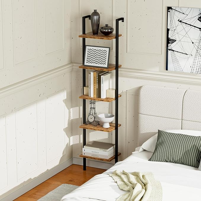 NUMENN Industrial Ladder Shelf, 5 Tier Book Shelf, Open Space Wall Mount Bookshelf with Metal Frame, Sturdy Book Shelves, Bookcase for Living Room, Vintage Brown - LeafyLoom
