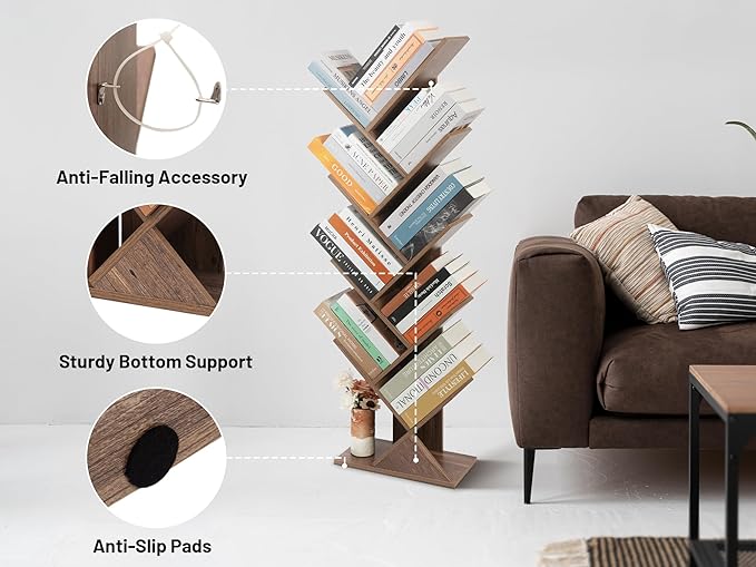 Labcosi 8 Tier Tree Bookshelf, Floor Standing Wood Tree Bookcase, Tall Book Storage Rack for Books/CDs, Book Organizer Shelves for Home Office, Bedroom, Living Room - LeafyLoom