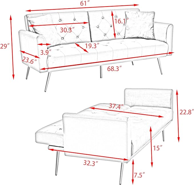 Velvet Upholstered Modern Convertible Futon Couch Folding Sofa Bed Recliner Lounge Loveseat Daybed Sofacama with Adjustable Backrest and Golden Legs for Small RV Living Room Office, Pink 68.3" - LeafyLoom