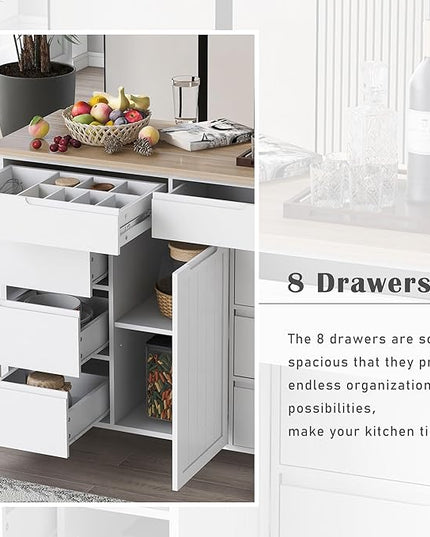 Kitchen Island on Lockable Wheels, Mobile Kitchens Cart with Rubber Wood Countertop, w/Drawer and Storage Cabinet for Dining Room, Bar - LeafyLoom