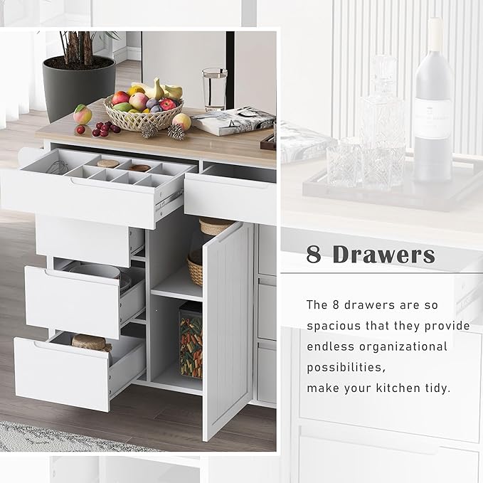Kitchen Island on Lockable Wheels, Mobile Kitchens Cart with Rubber Wood Countertop, w/Drawer and Storage Cabinet for Dining Room, Bar - LeafyLoom