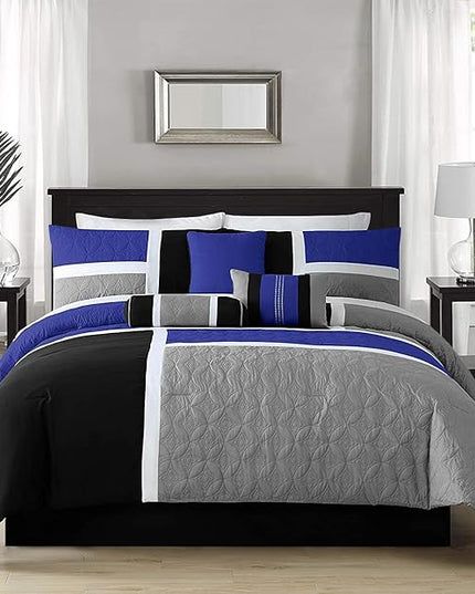 Chezmoi Collection Upland 7-Piece Quilted Patchwork Comforter Set, Blue/Black/Gray, Full - LeafyLoom