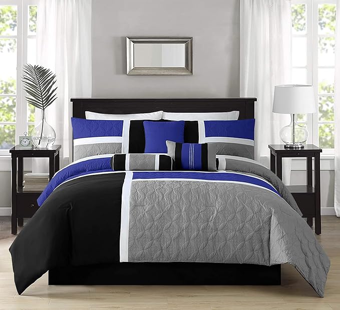 Chezmoi Collection Upland 7-Piece Quilted Patchwork Comforter Set, Blue/Black/Gray, King - LeafyLoom