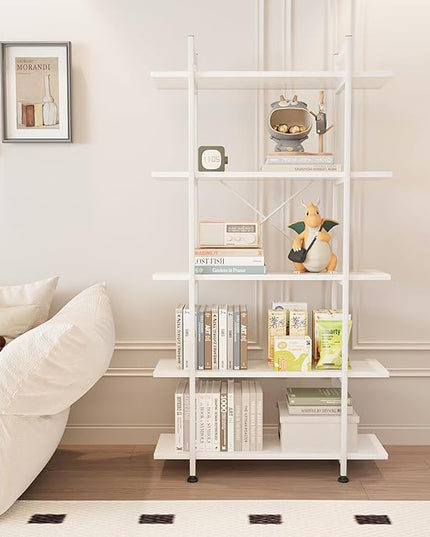 Bookshelf 5 Tiers White Wooden Storage Shelf,Modern Open Display Storage Bookcase Book Organizer,Metal Bookshelf Standing Storage Shelf Tall Shelving Units for Home Office Study - LeafyLoom