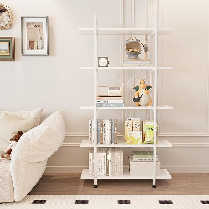Bookshelf 5 Tiers White Wooden Storage Shelf,Modern Open Display Storage Bookcase Book Organizer,Metal Bookshelf Standing Storage Shelf Tall Shelving Units for Home Office Study - LeafyLoom