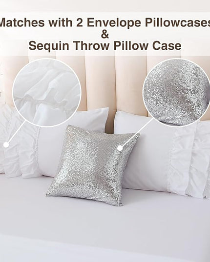 A Nice Night Waterfall Flutter Ruffle Comforter Set,Ruffled Textured Soft Chic Princess 6pcs Bedding Set,with Bling Shiny Sequin Throw Pillow Case,White,Twin - LeafyLoom