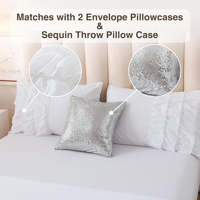 A Nice Night Waterfall Flutter Ruffle Comforter Set,Ruffled Textured Soft Chic Princess 6pcs Bedding Set,with Bling Shiny Sequin Throw Pillow Case,White,Twin - LeafyLoom