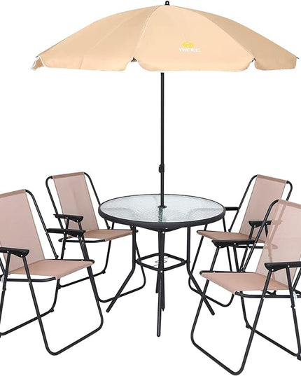 Nice C Outdoor Dining Sets, Patio Furniture Set, 8 Piece Set with Umbrella, Garden Outdoor Furniture Table Set with Tilted Removable Umbrella, Glass Table, and 6 Folding Chairs (Beige-6 Piece) - LeafyLoom