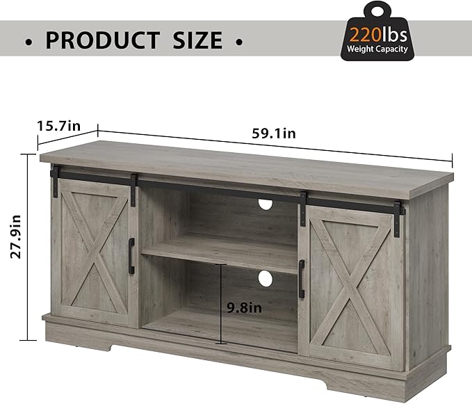 Entertainment Center for 65 Inch TV, Farmhouse TV Stand Media Console Table, Tall TV Stand with Sliding Barn Doors, Storage and Shelves, Wood TV Console Cabinet Furniture for Living Room, Grey - LeafyLoom