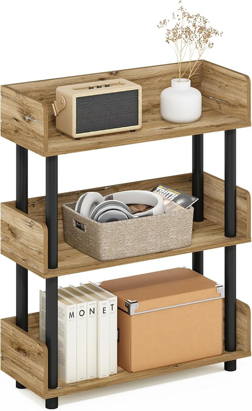 Furinno Turn-N-Tube 3-Tier Toolless Display Rack, Flagstaff Oak/Black - LeafyLoom