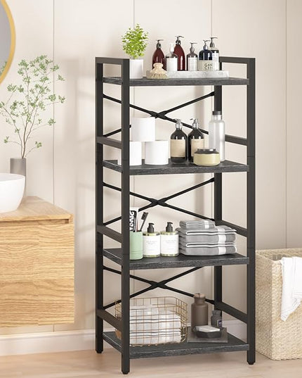 Yoobure 4 Tier Bookshelf - Small Book Shelf Industrial Bookcase, Narrow Book Case Book Storage Organizer for CD/Movie/Book, Bookshelves for Bedroom Office Living Room Charcoal Gray - LeafyLoom