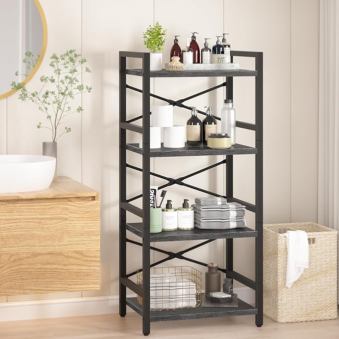 Yoobure 4 Tier Bookshelf - Small Book Shelf Industrial Bookcase, Narrow Book Case Book Storage Organizer for CD/Movie/Book, Bookshelves for Bedroom Office Living Room Charcoal Gray - LeafyLoom